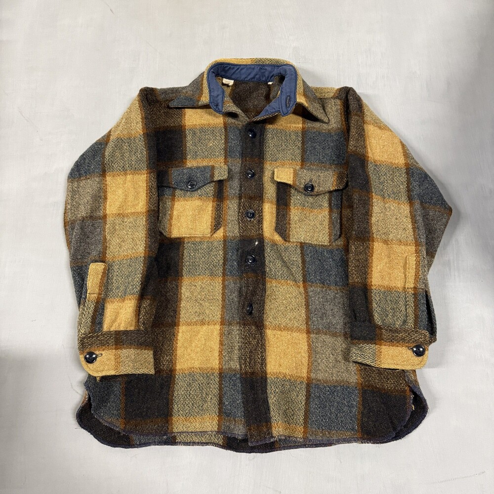 70s Woolrich Yellow & Brown Plaid Heavyweight Wool Shirt Jacket Size M
